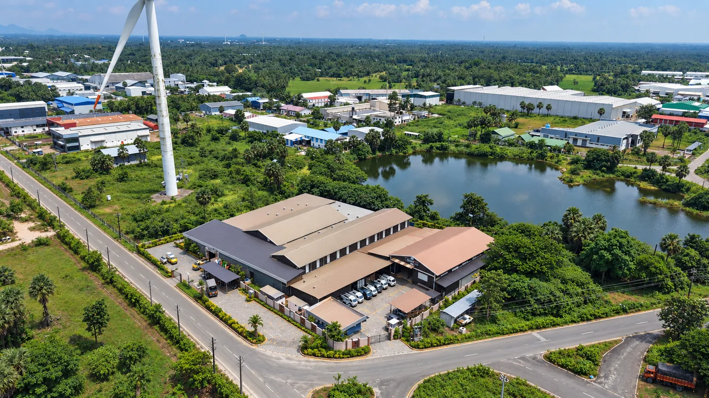 Drone view of the Simplex Windows and Doors company premises at KINFRA IIT Park, Kanjikode, Palakkad, Kerala