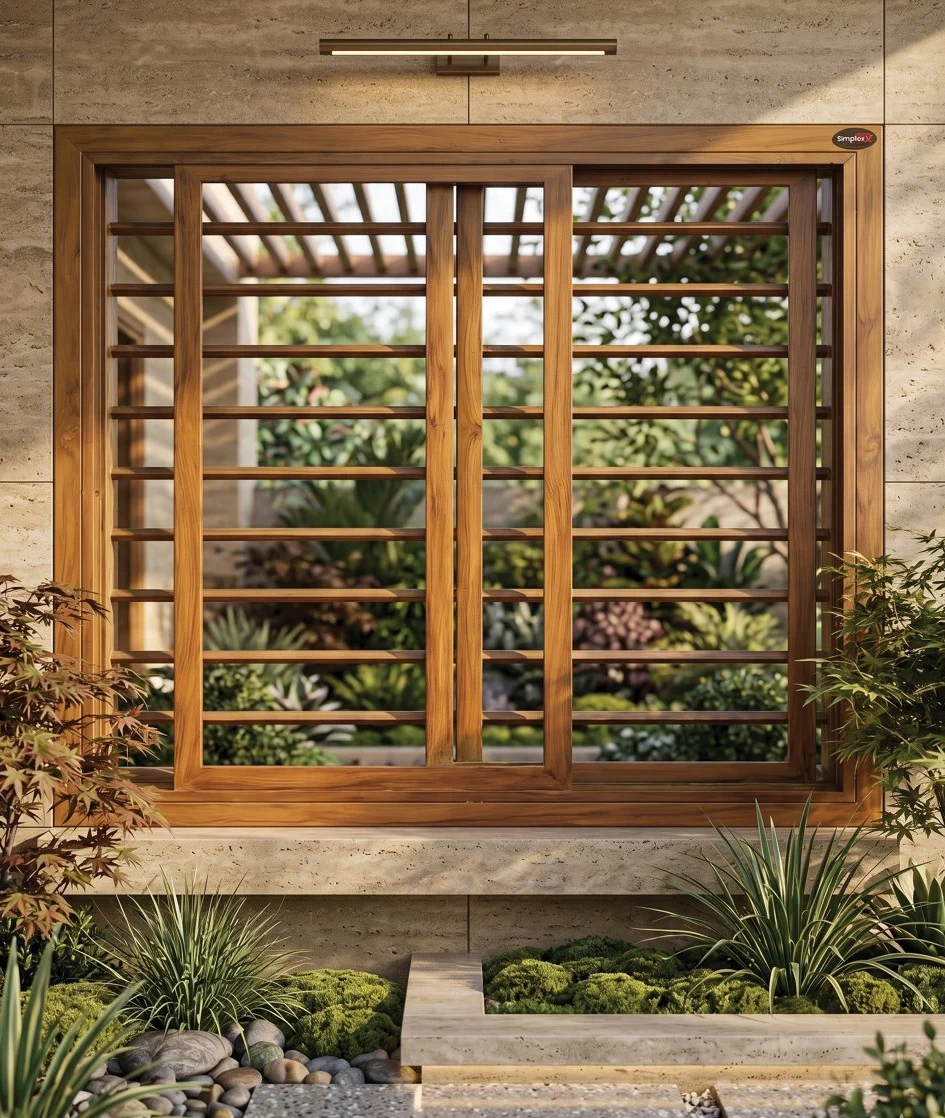 Wood-finish Simplex steel window set in a warm stone facade surrounded by greenery