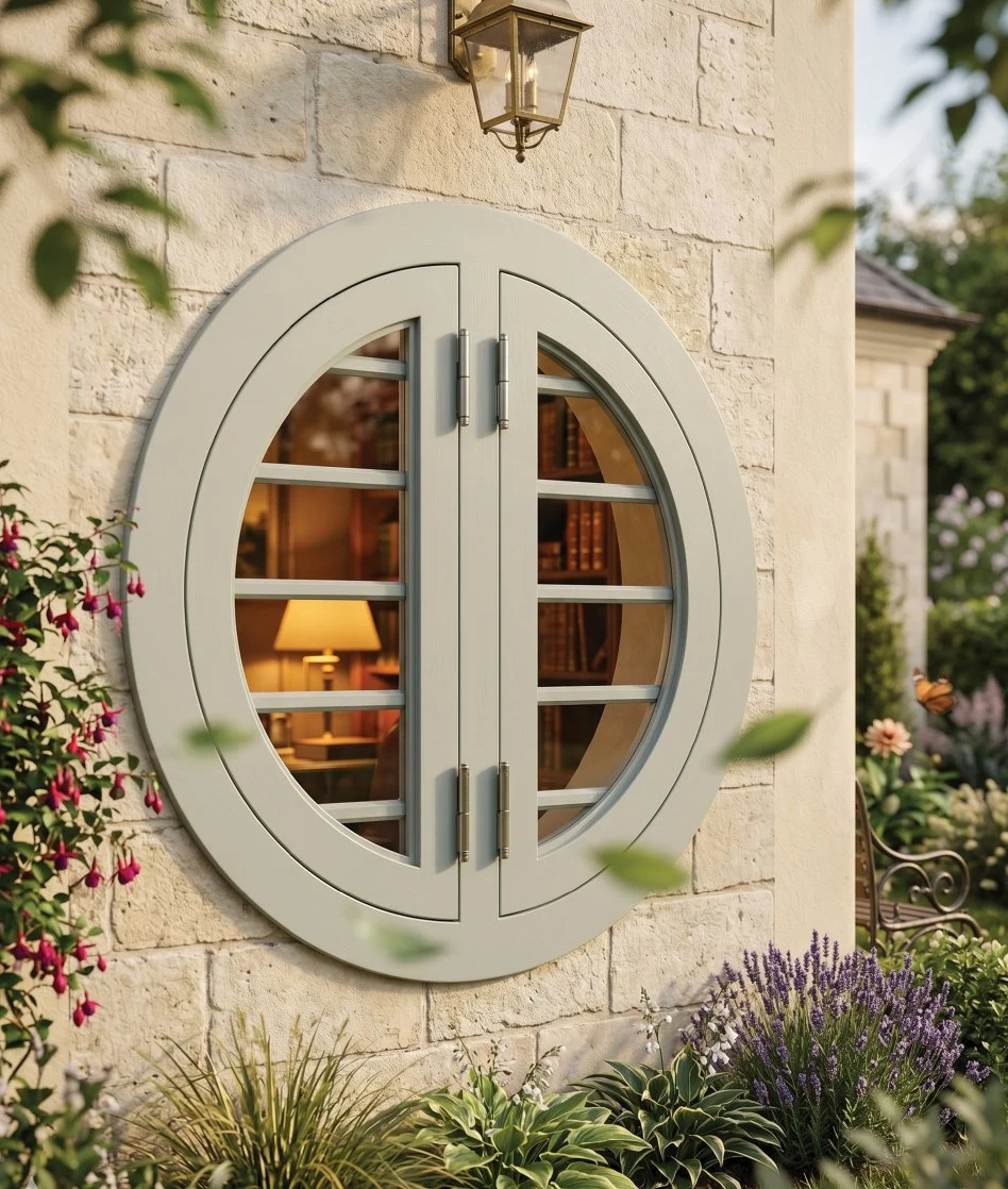 Circular Simplex window in a landscaped stone exterior