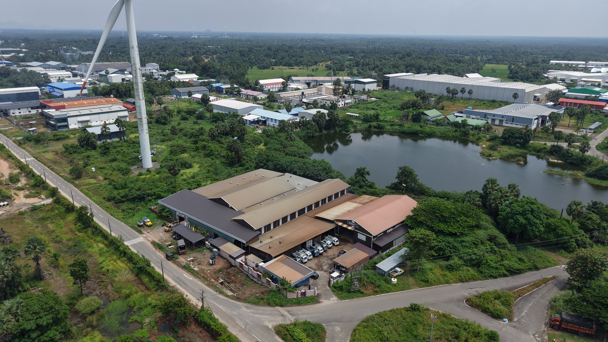Drone view of the Simplex Windows and Doors company premises at KINFRA IIT Park, Kanjikode, Palakkad, Kerala
